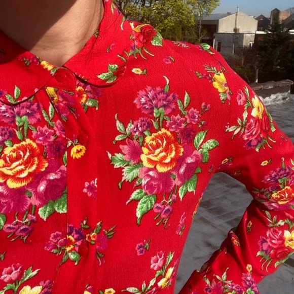 & OTHER STORIES Pleated Long Sleeve Shirt Dress Floral Red - Picture 5 of 9